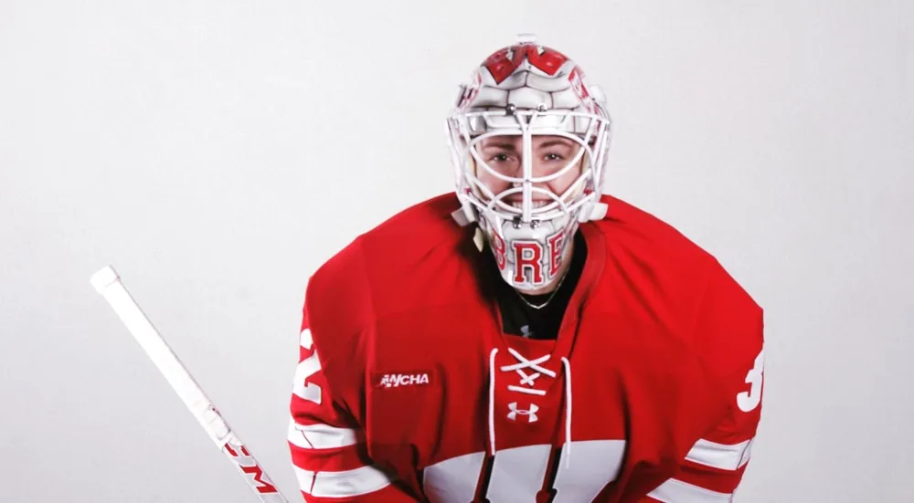 Bre in goalie gear for Wisconsin