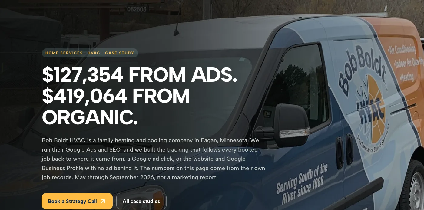 The Bob Boldt HVAC case study page, with a company van