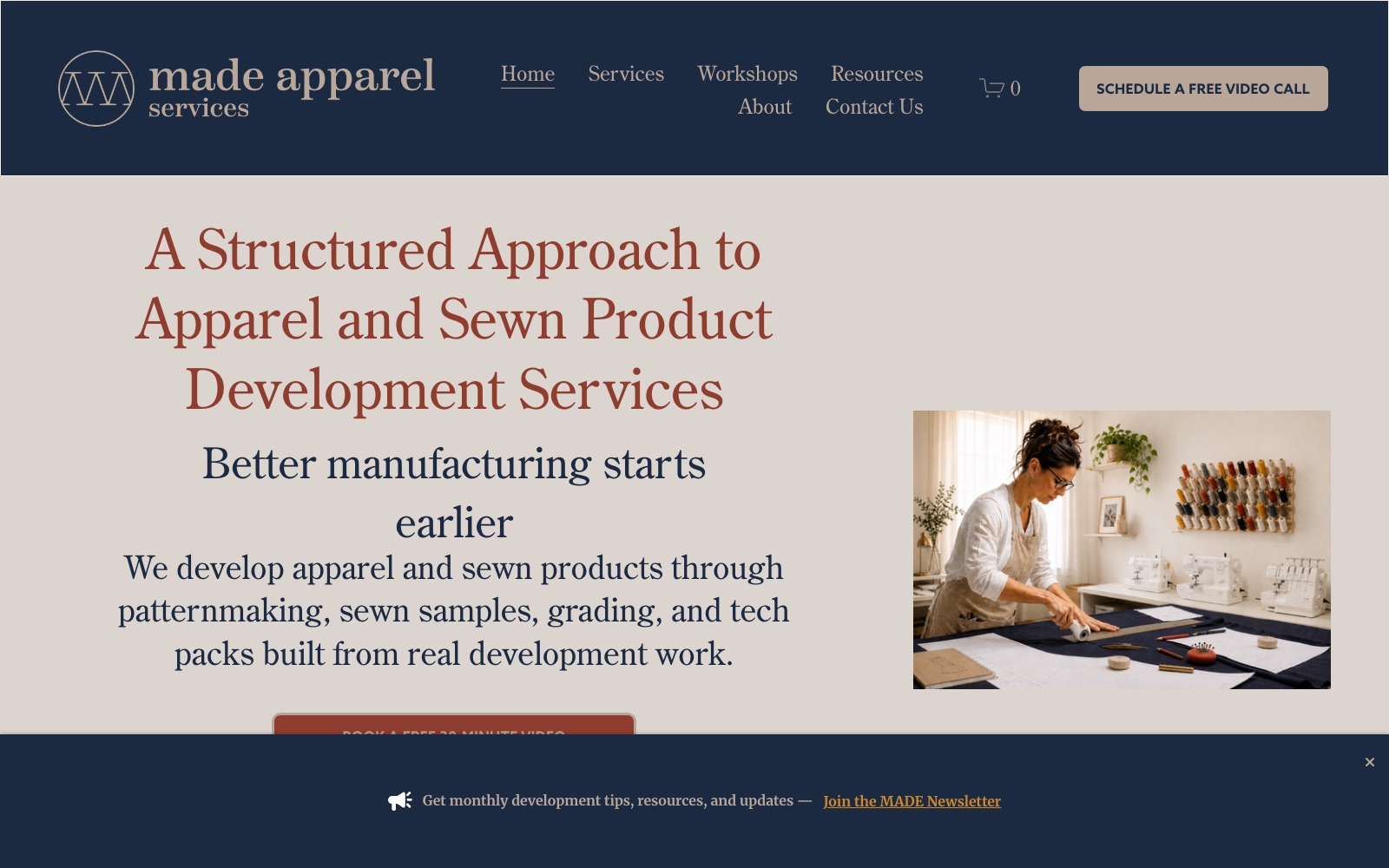 The Made Apparel Services website homepage