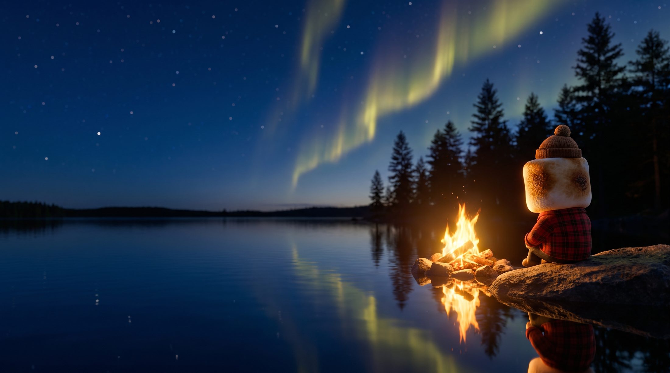 Snack Club's toasted-marshmallow mascot sitting by a campfire on a northern Minnesota lake under the northern lights