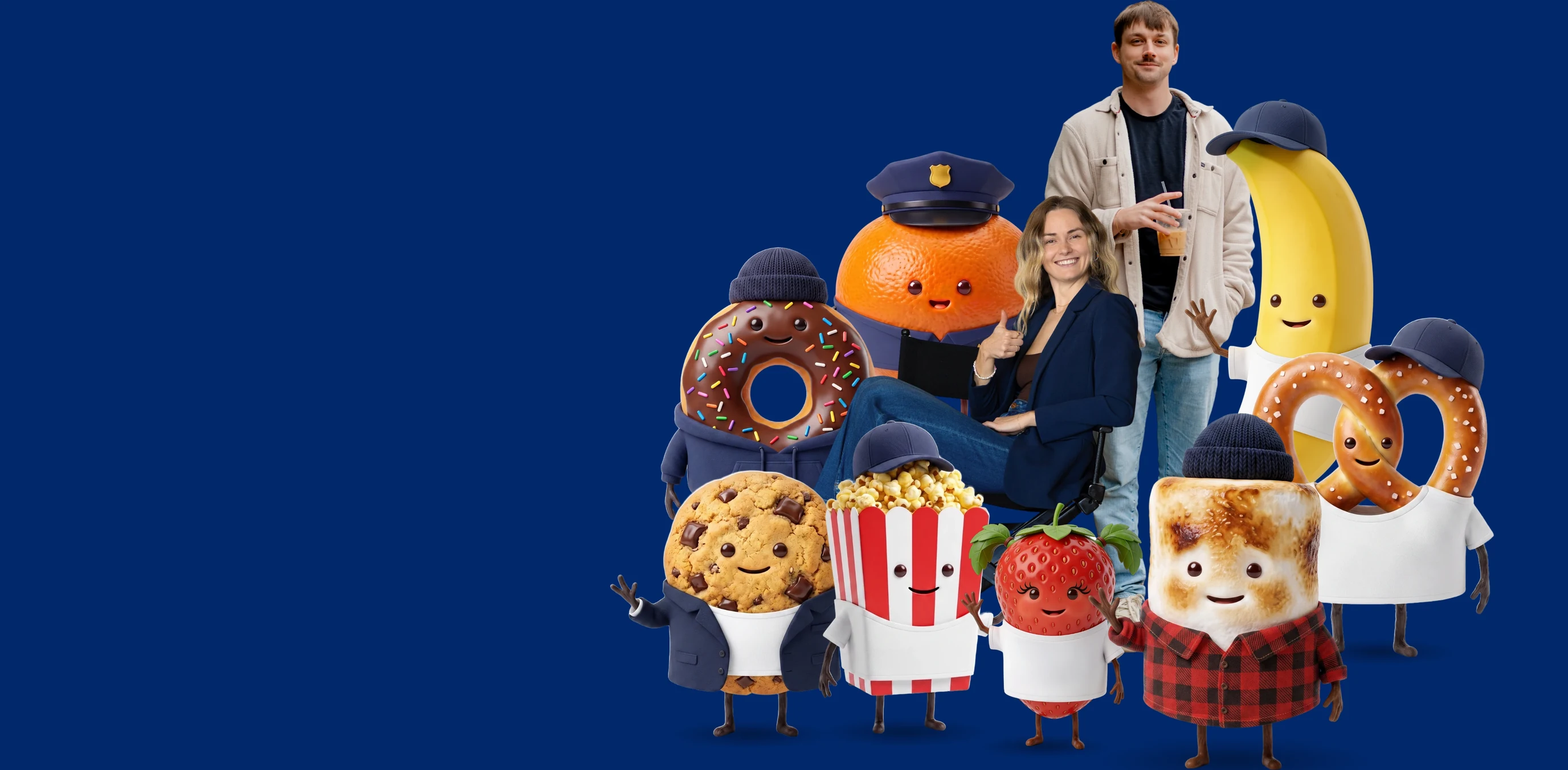 Bre and Joe from Snack Club with the whole mascot crew: Kevin the cookie, Kernel the popcorn, Dale the donut, Officer Ollie the orange, Mo the marshmallow, Bobby the banana, Pat the pretzel and Shelly the strawberry