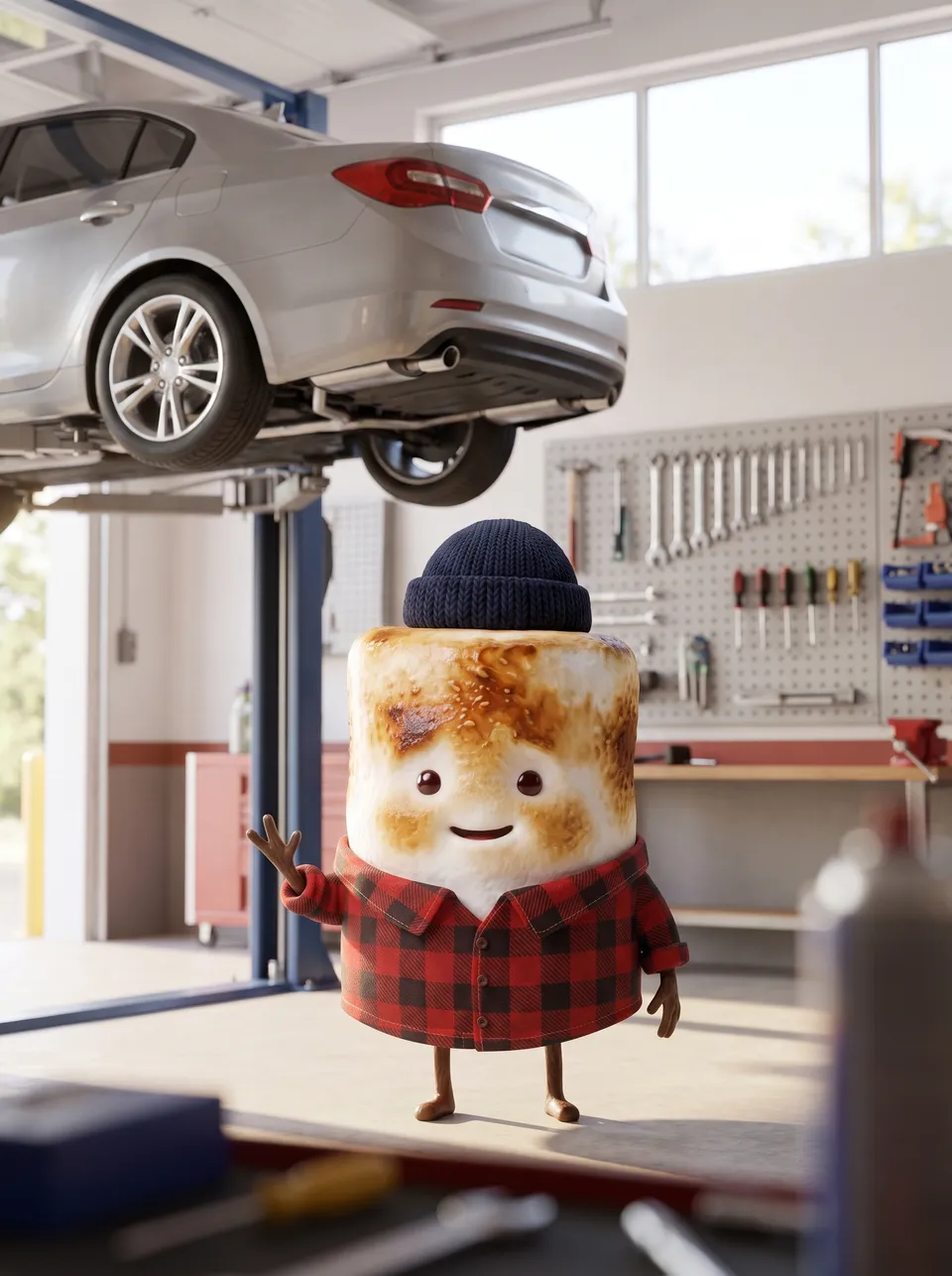 Mo the Marshmallow, the Snack Club host, in an auto repair garage