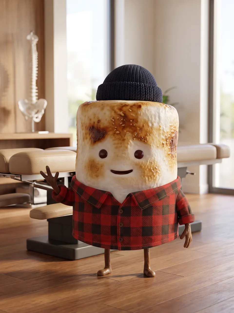 Mo the Marshmallow, the Snack Club host, in a chiropractic clinic