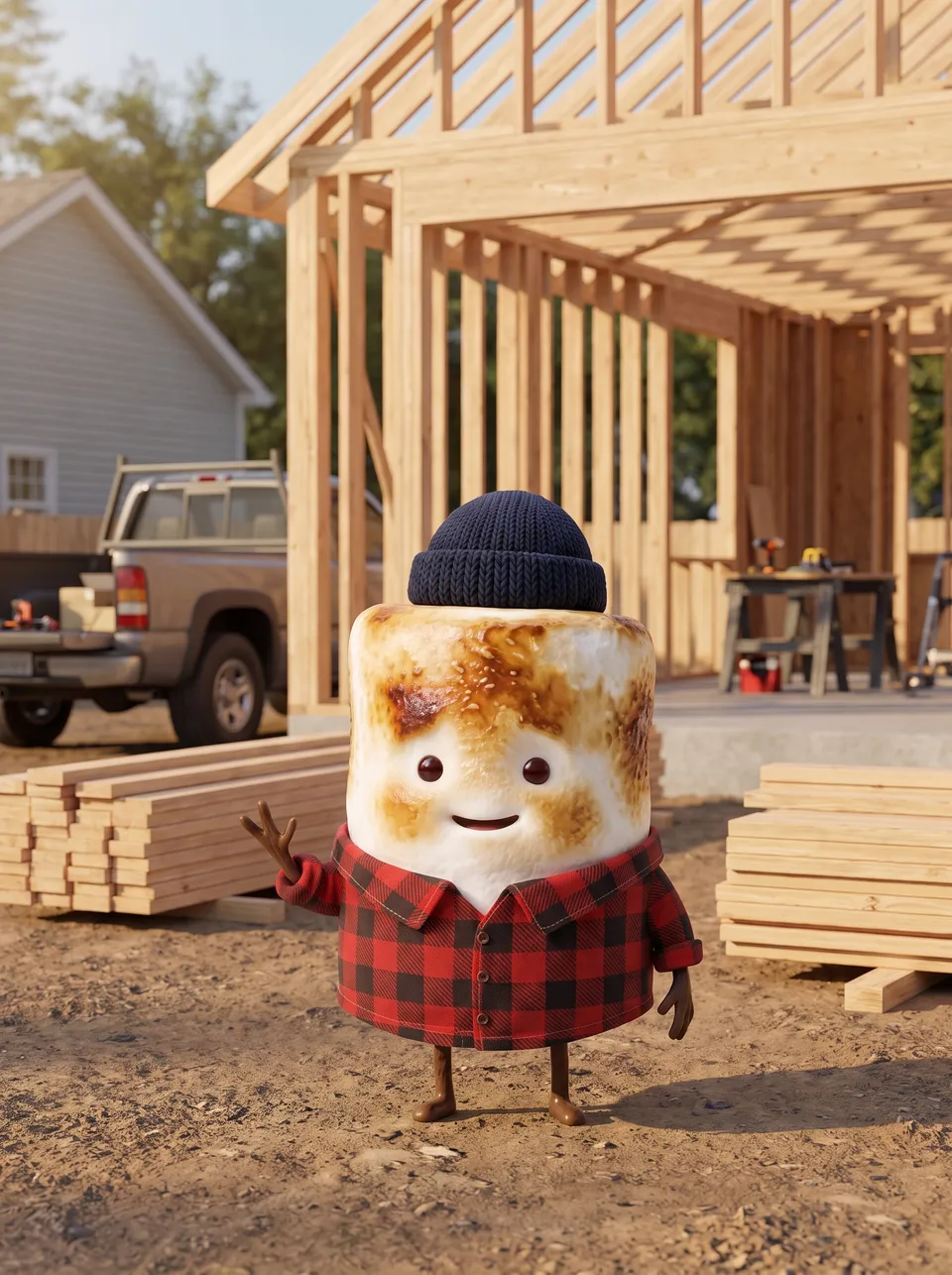 Mo the Marshmallow, the Snack Club host, in a residential job site