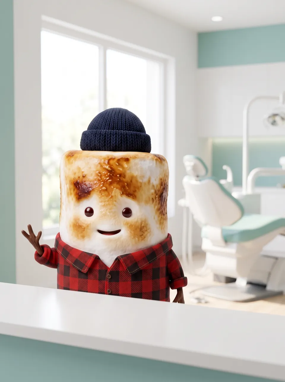 Mo the Marshmallow, the Snack Club host, in a dental office