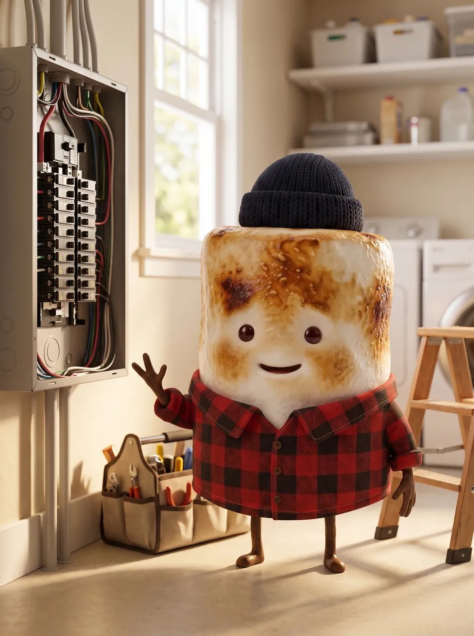 Mo the Marshmallow, the Snack Club host, in a home utility room beside an electrical panel
