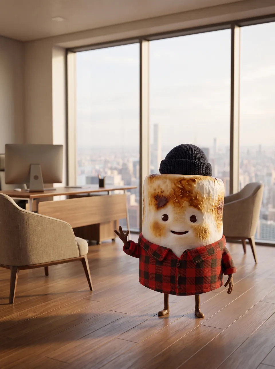 Mo the Marshmallow, the Snack Club host, in a financial advisor's office