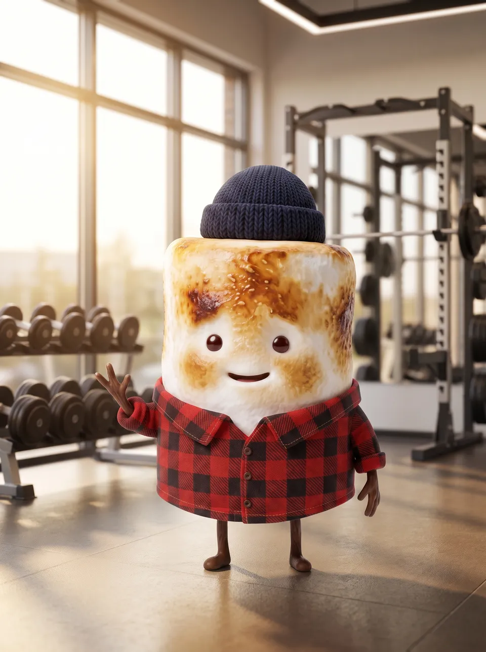 Mo the Marshmallow, the Snack Club host, in a gym