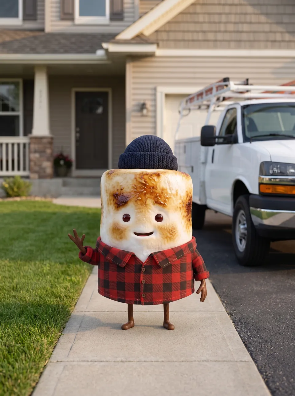 Mo the Marshmallow, the Snack Club host, in the driveway of a customer's house