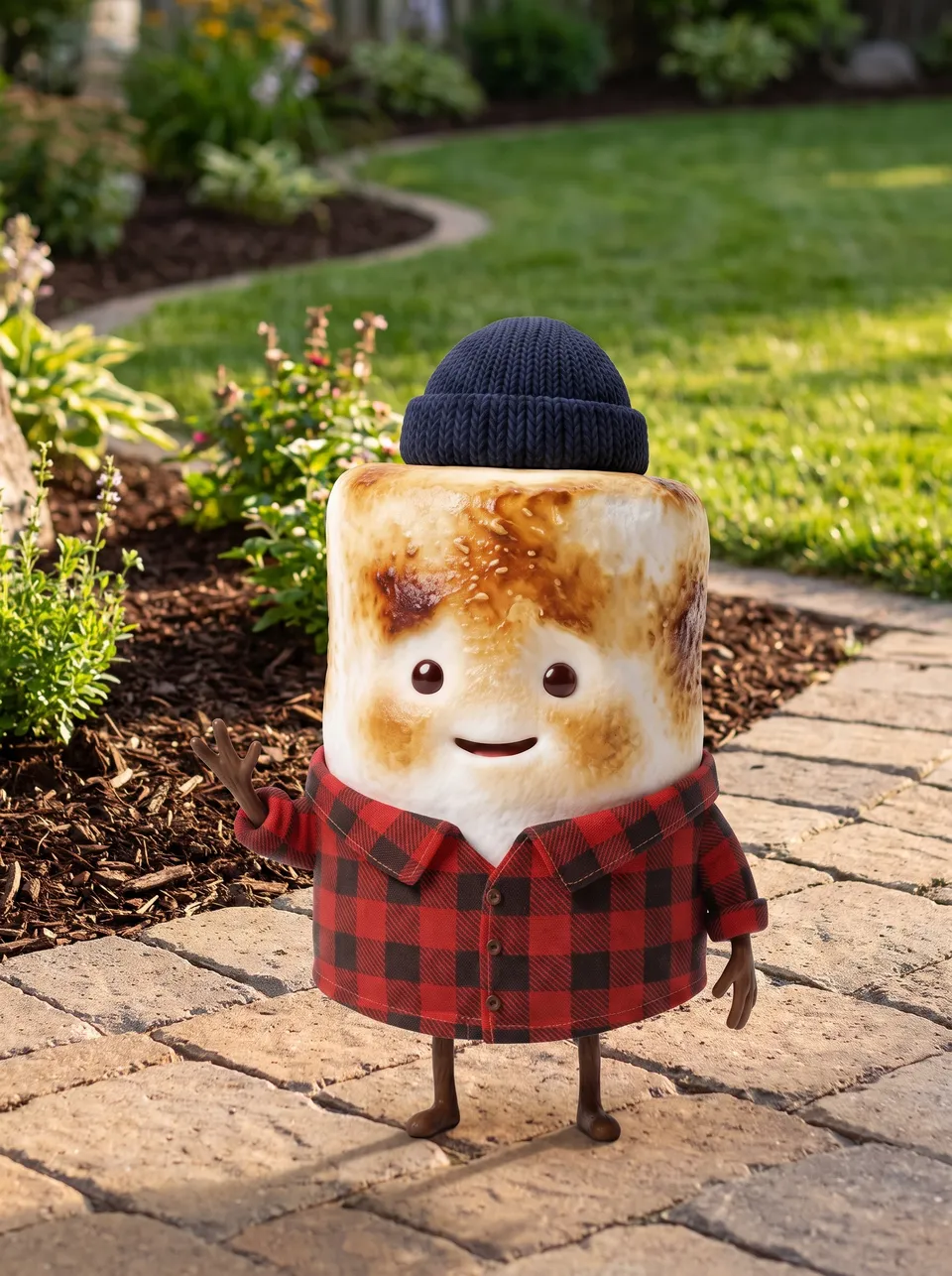 Mo the Marshmallow, the Snack Club host, in a freshly landscaped backyard