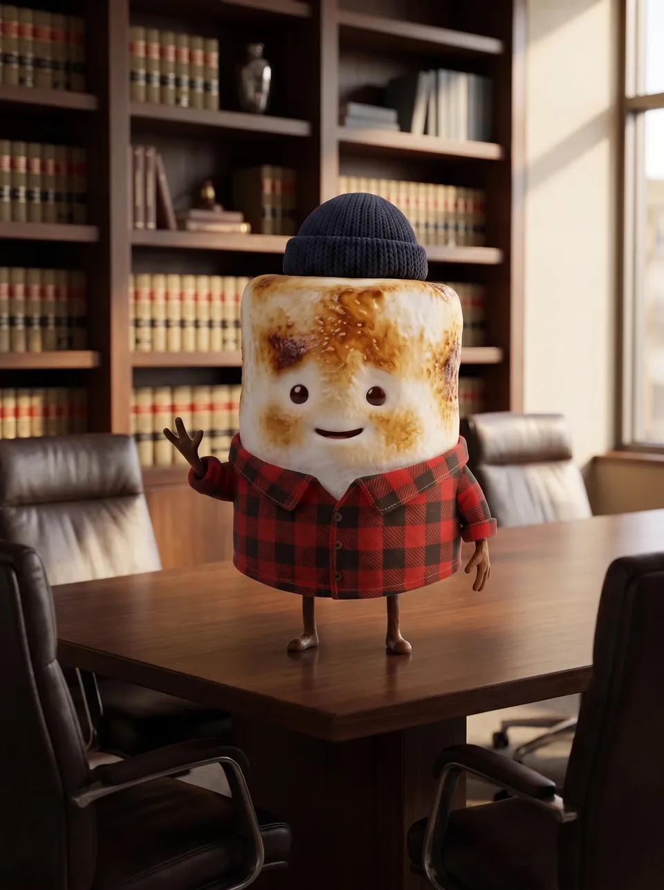 Mo the Marshmallow, the Snack Club host, in a law office conference room