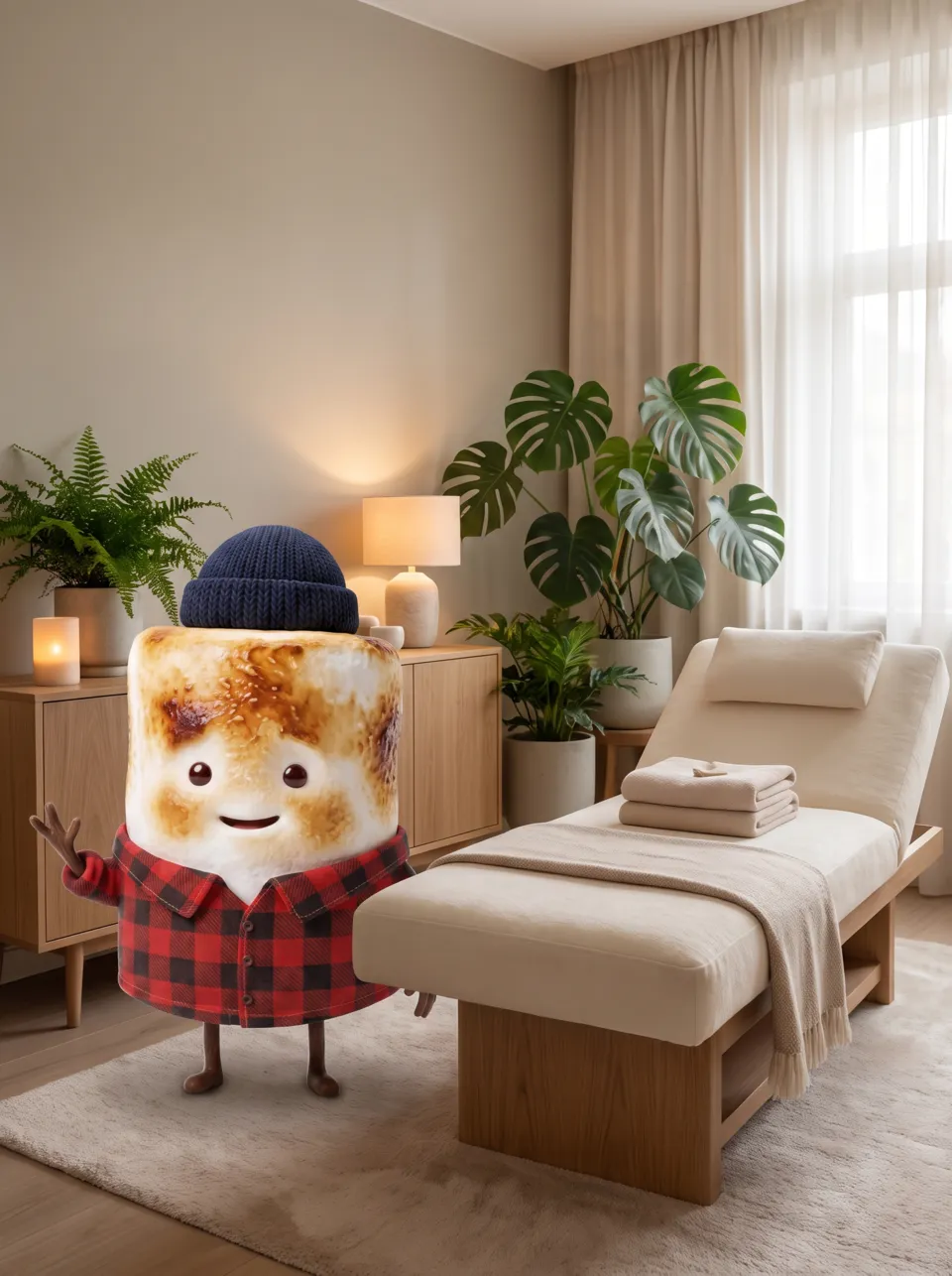 Mo the Marshmallow, the Snack Club host, in a med spa treatment room