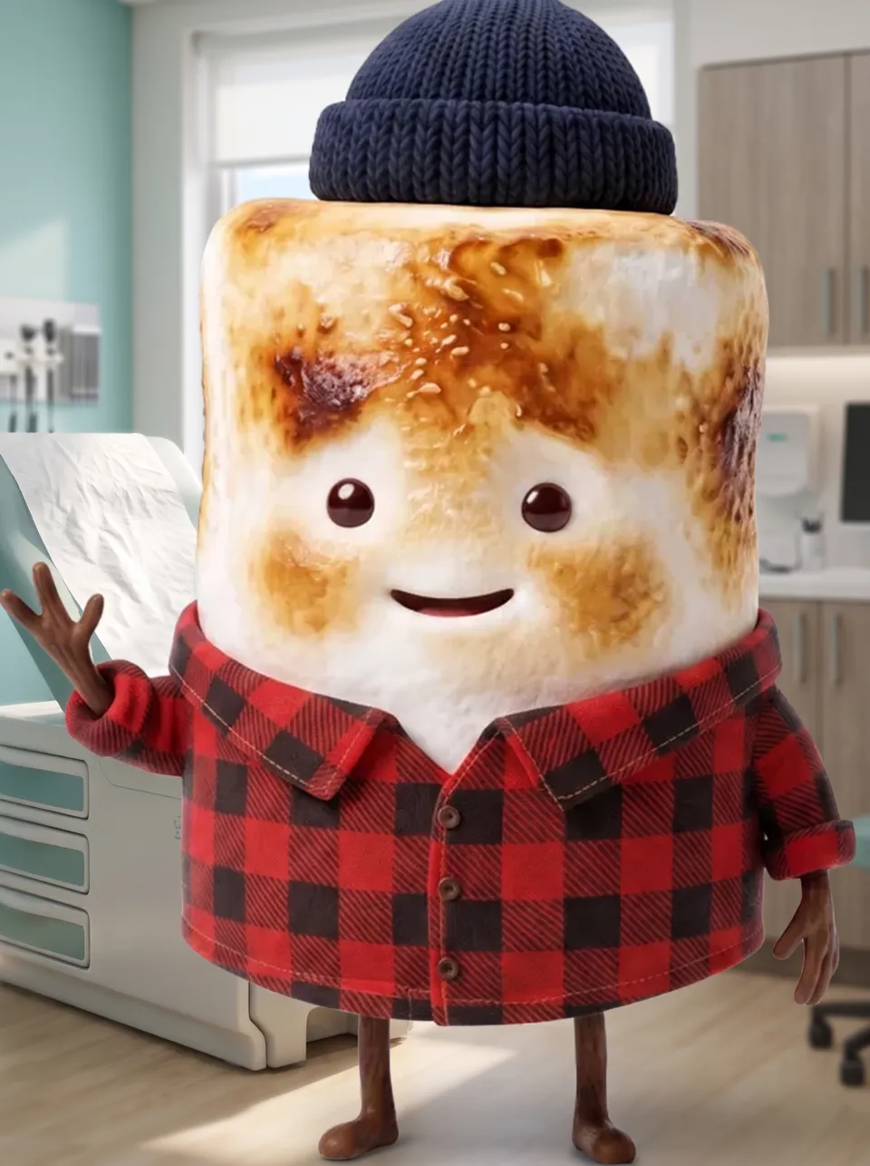 Mo the Marshmallow, the Snack Club host, in a family medical clinic