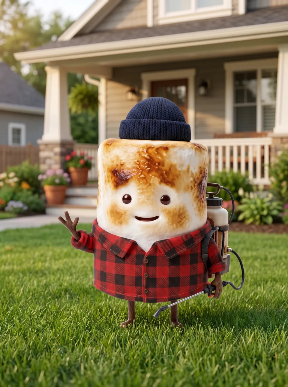 Mo the Marshmallow, the Snack Club host, in the front yard of a customer's house