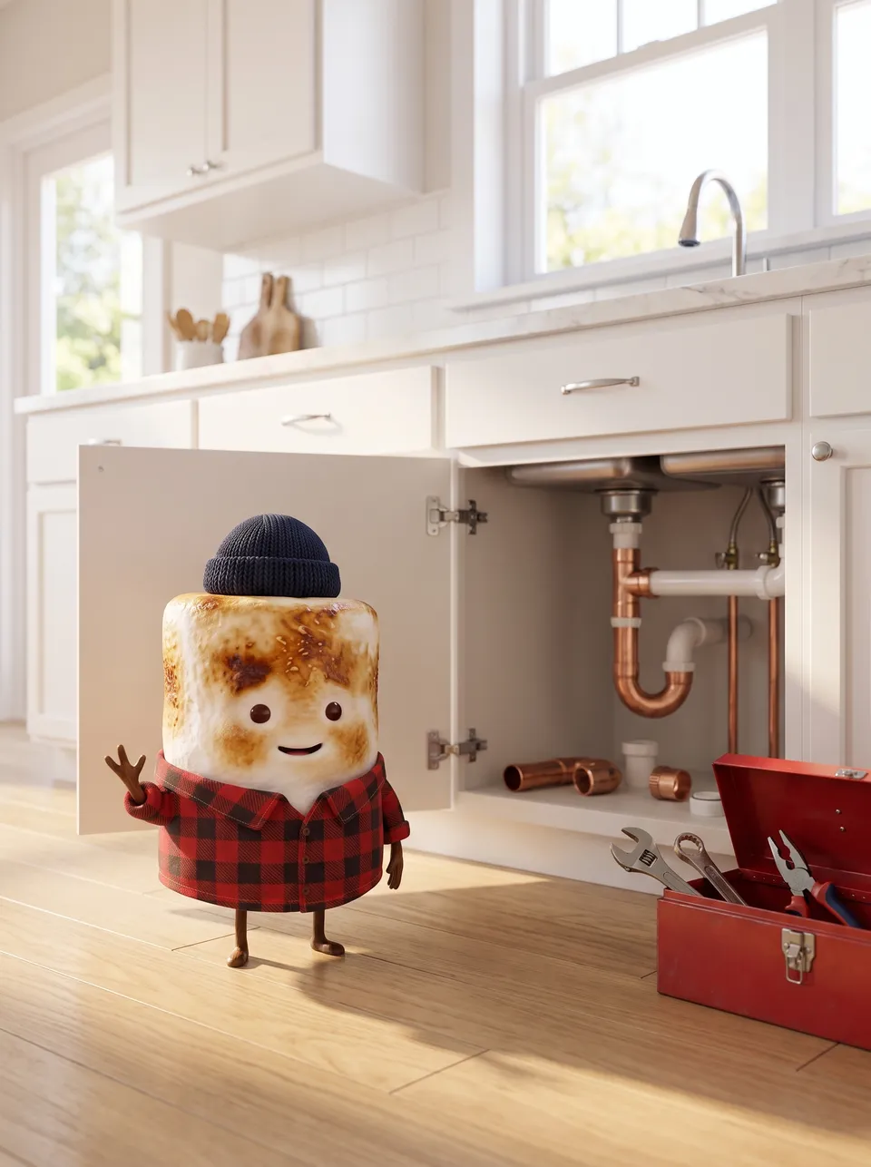 Mo the Marshmallow, the Snack Club host, in a kitchen with the sink cabinet open