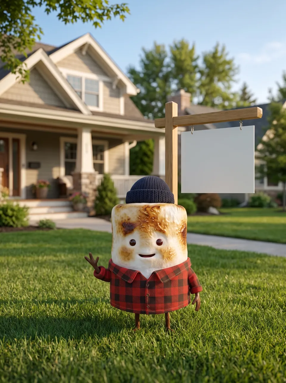 Mo the Marshmallow, the Snack Club host, in the front yard of a home for sale