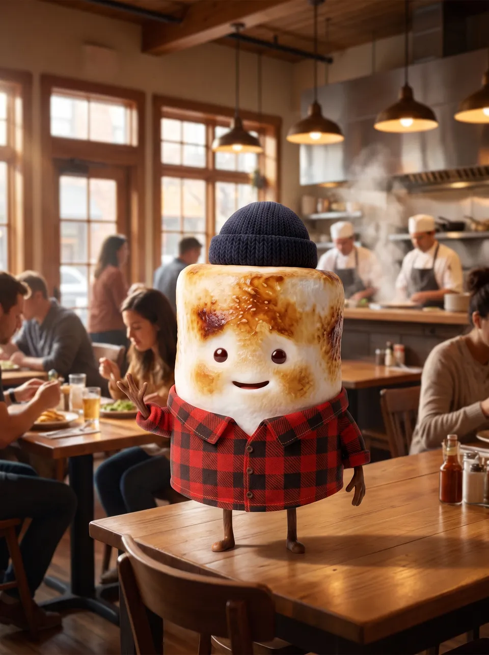 Mo the Marshmallow, the Snack Club host, in a neighborhood restaurant