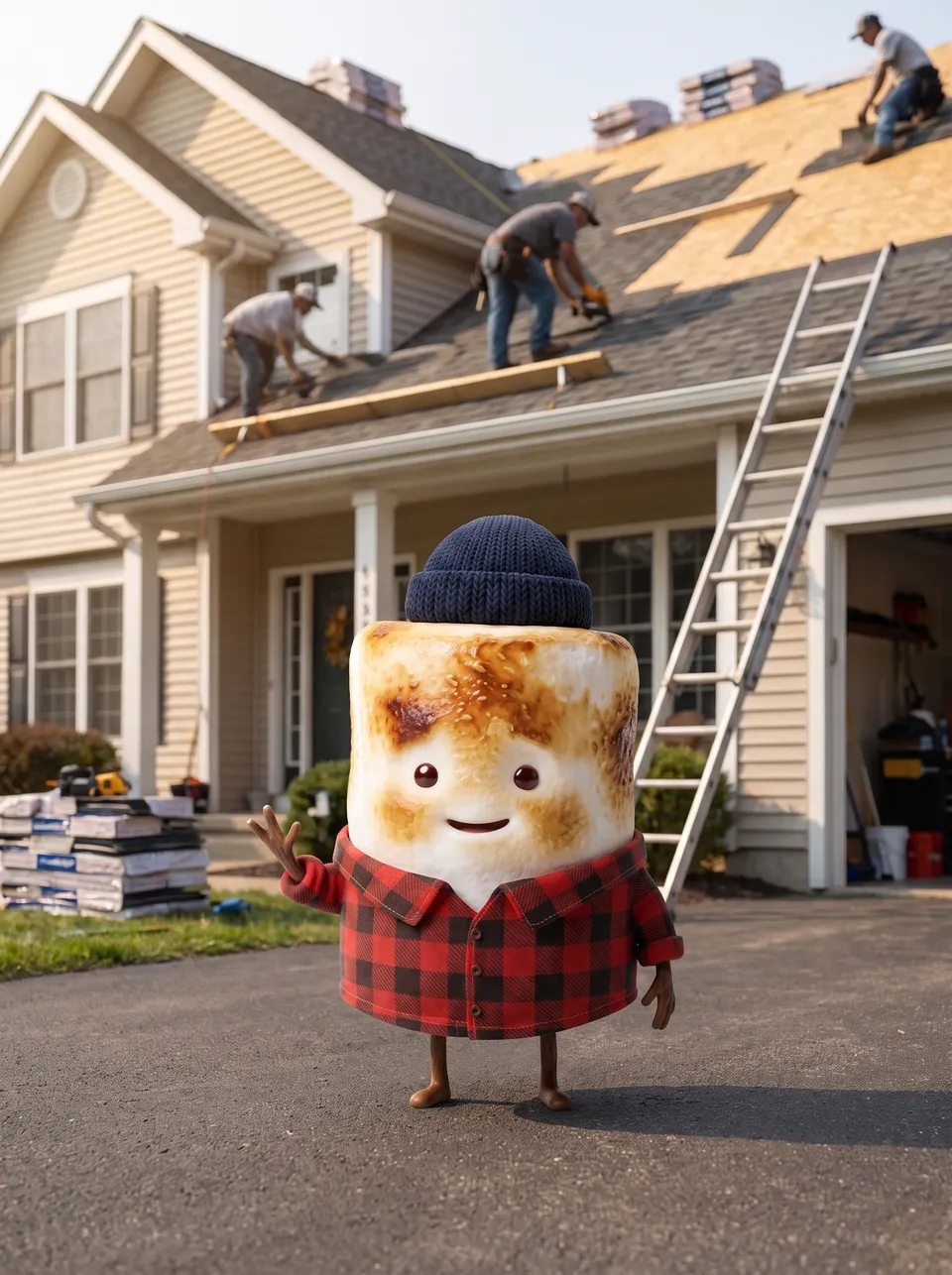 Mo the Marshmallow, the Snack Club host, in a driveway beside a house getting a new roof