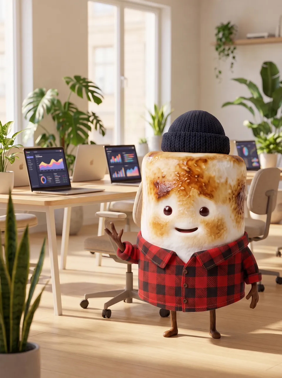 Mo the Marshmallow, the Snack Club host, in a software startup office