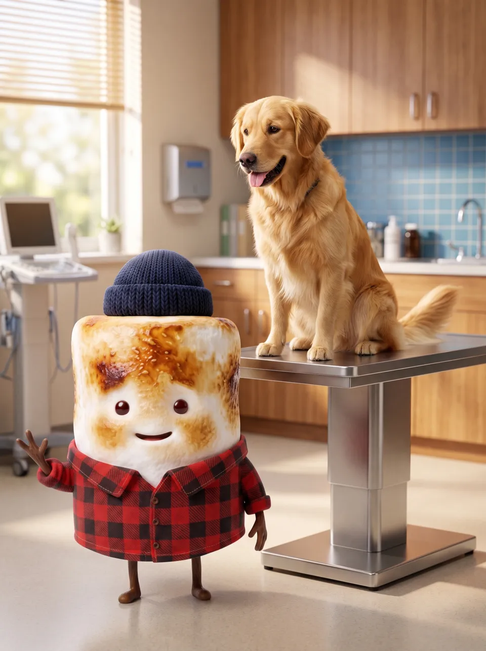 Mo the Marshmallow, the Snack Club host, in a veterinary exam room