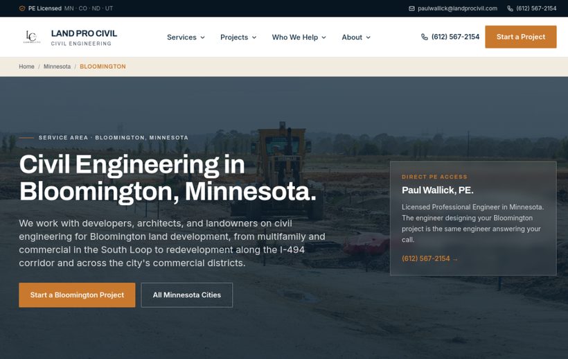 A Land Pro Civil city service-area page