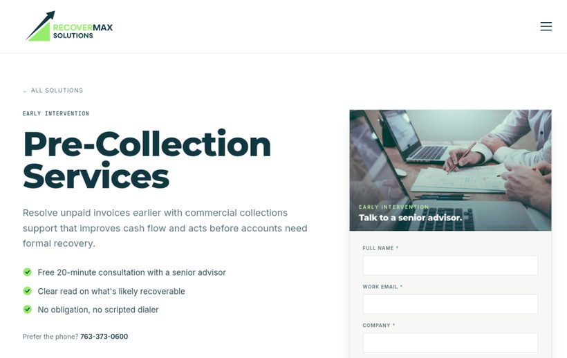 A RecoverMax service landing page, built by Snack Club