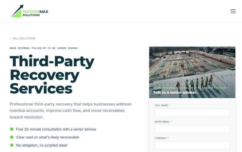 A RecoverMax service page using the brand system